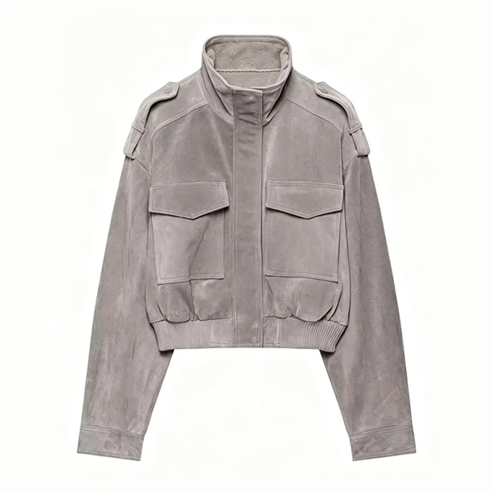 Damen-Cargojacke, kurz geschnitten, für Herbst und Winter, Damenmantel, Stehkragen, Träger, Schulterklappen, viele Taschen, gerippter Saum, lockerer Schnitt, lässige Oberbekleidung. – Detail 1