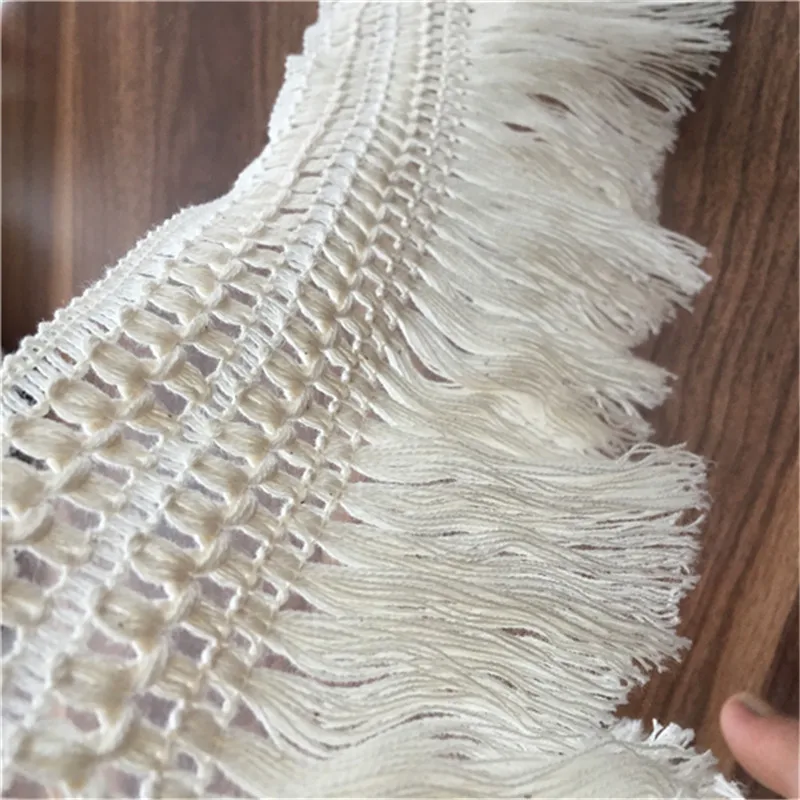 13.5CM Wide Beige Cotton Tassel Embroidered Fabric Lace Edge Trim Fringed Ribbon Dress Garment Curtains DIY Sewing Decor