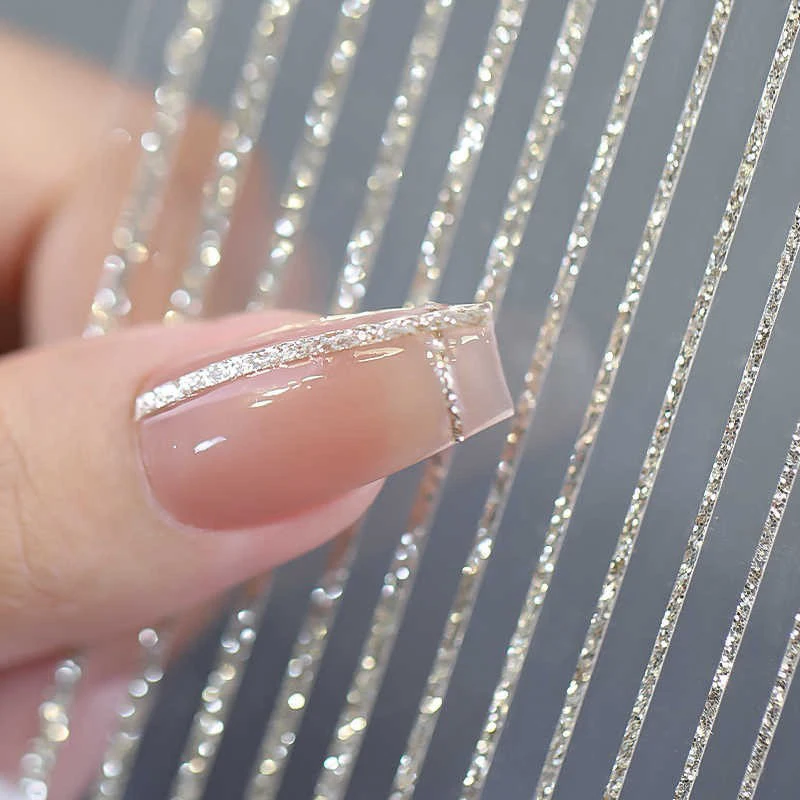 Pegatinas 3D brillantes para uñas Atr, deslizadores adhesivos para uñas francesas, purpurina dorada y plateada, calcomanías de letras a rayas de lujo, decoración de diseño