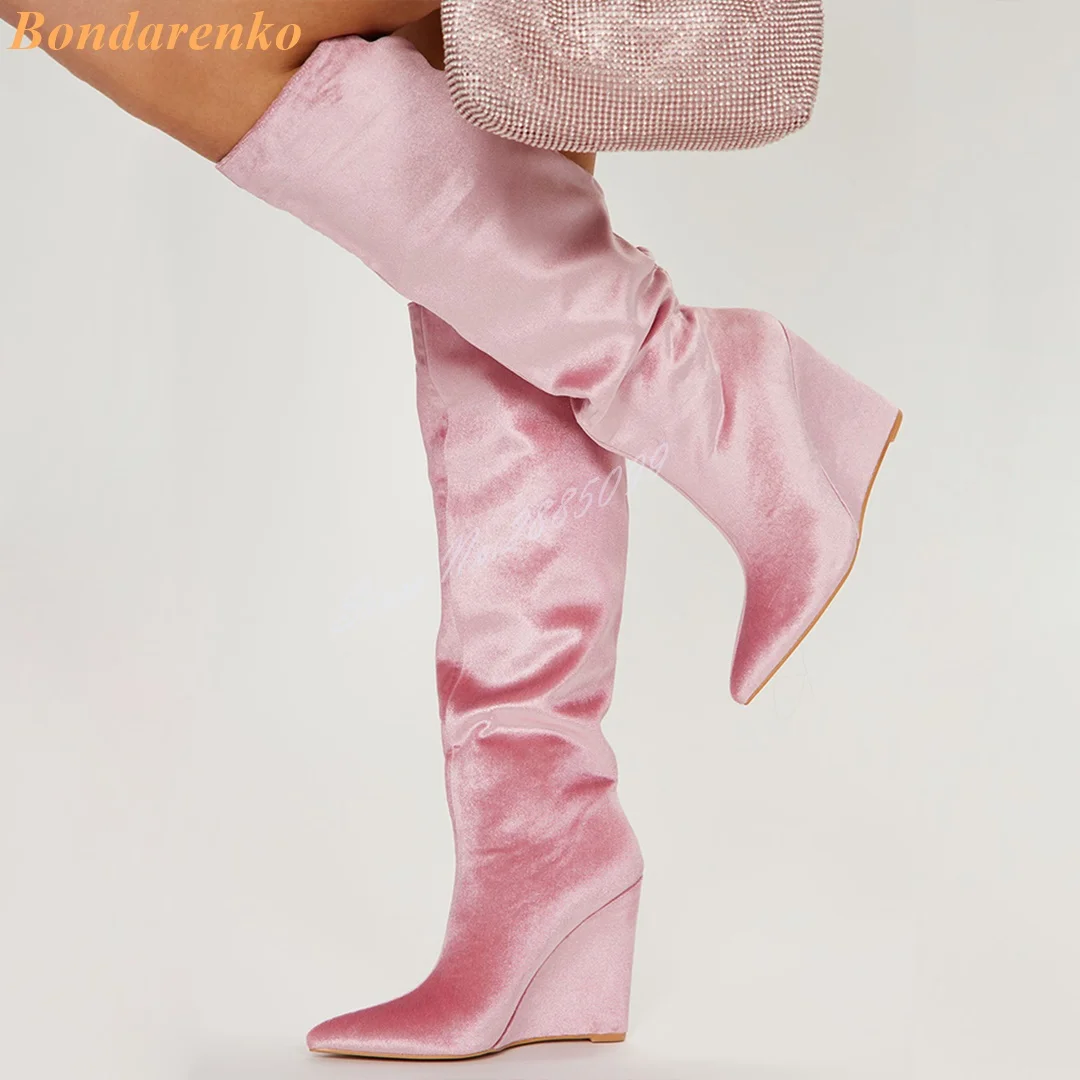 Suede Wedges Pink Boots Pointy Toe Solid Slip On Knee High Boots New Women Thin Shoes Winter Party Luxury Party Big Size Shoes