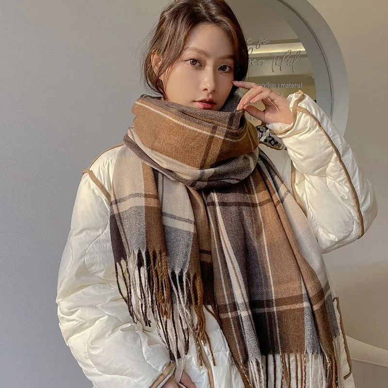 Women Scarf Winter Thick Warm Plaid Scarf Women Korean Couples Neck Warm Scarves Outdoor Wraps With Tassel Casual Shawl Female