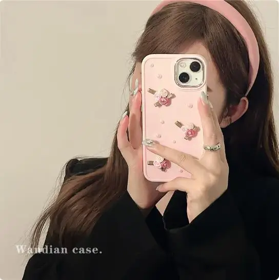 3D Cute Flower Pearl Heart Phone Case for Phone 15 14 13 12 11 Pro Max Plus XS XR X Shockproof Drop Protect Back Cover Luxury