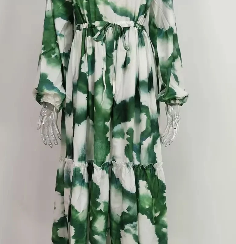 Feminino elegante verde impresso maxi vestidos mangas puff com decote em v cintura em camadas bainha solta vestido longo novo