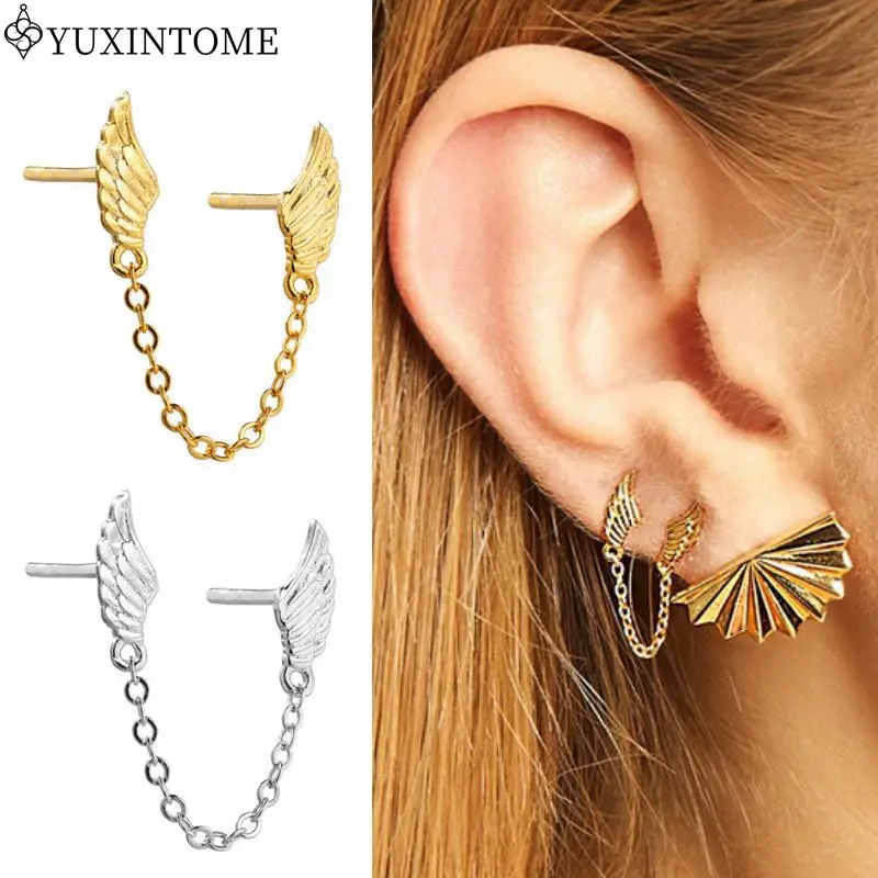 925 sterling Silver Ear Needle Gold Silver Double Wing Chain Earrings For Women punk Chain Earrings Fashion Trendy Party Jewelry