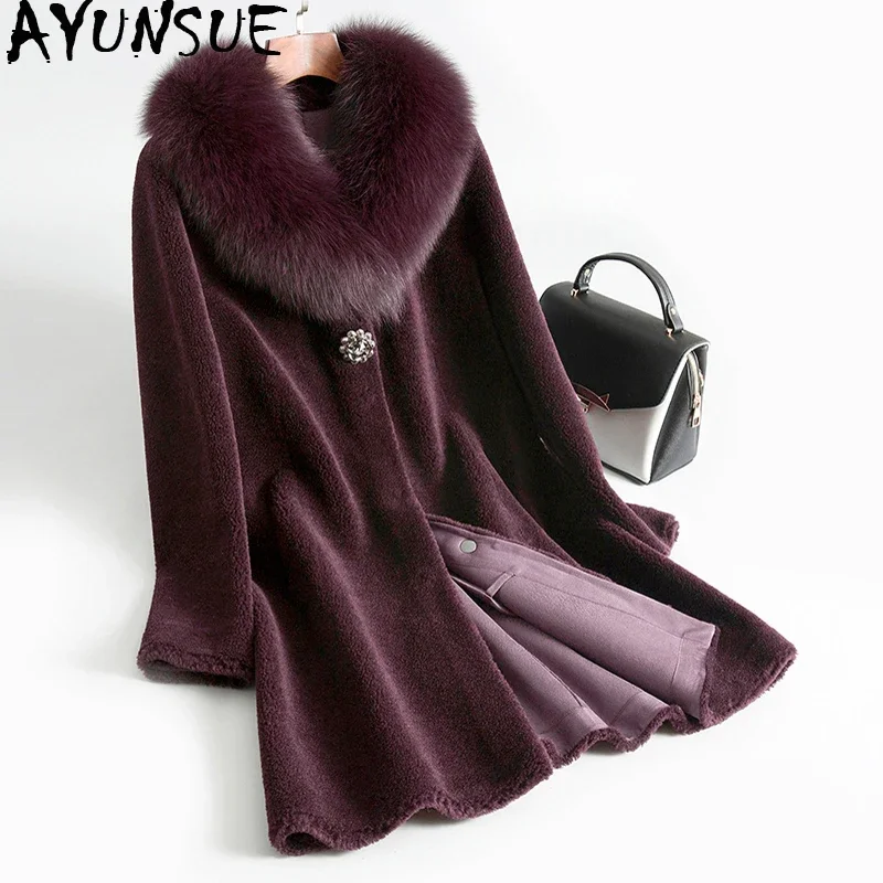 

AYUNSUE Real Sheep Shearling Fur Coat Female Fox Fur Collar Wool Coats 2020 Winter Jacket Women Korean Outwear Suede Lining MY