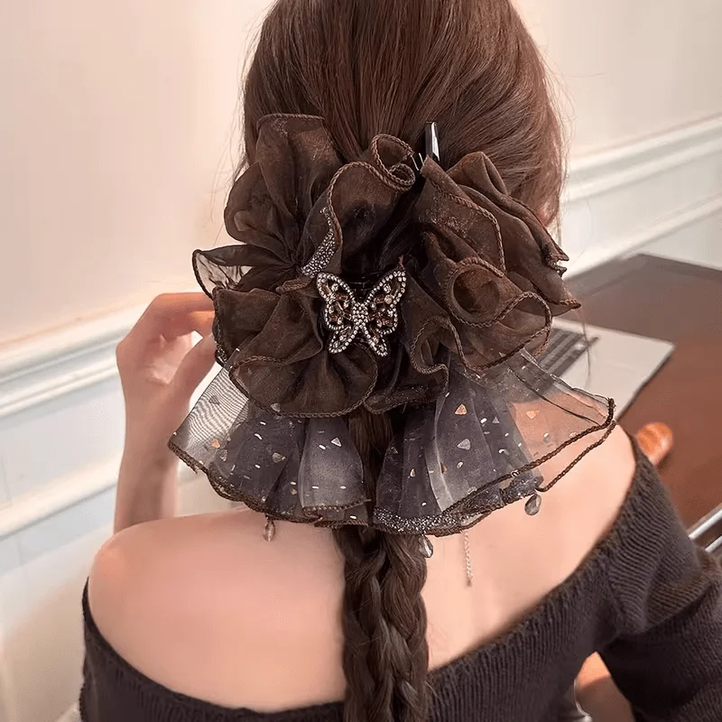 French Butterfly Claw Clip – Elegant Fish Tail Hair Clip with Ruffled Skirt Design, Luxe Shark Clip for Bun & Updo New Year Gift