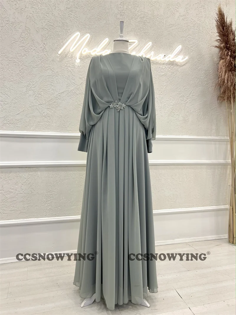 

Long Sleeve Hijab Muslim Evening Dresses Chiffon Appliques Arabic Dubai Prom Formal Party Gowns O Neck Moroccan Caftan Robe