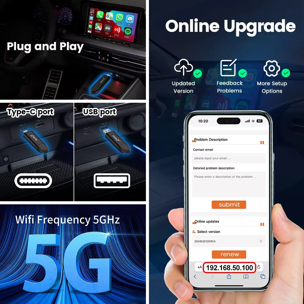 CarlinKit Wireless Carplay Adapter 2024 Mini Carplay Car USB/Type C Dongle OTA Update 5G Wifi  Adapter for Spotify Mazda Hyundai