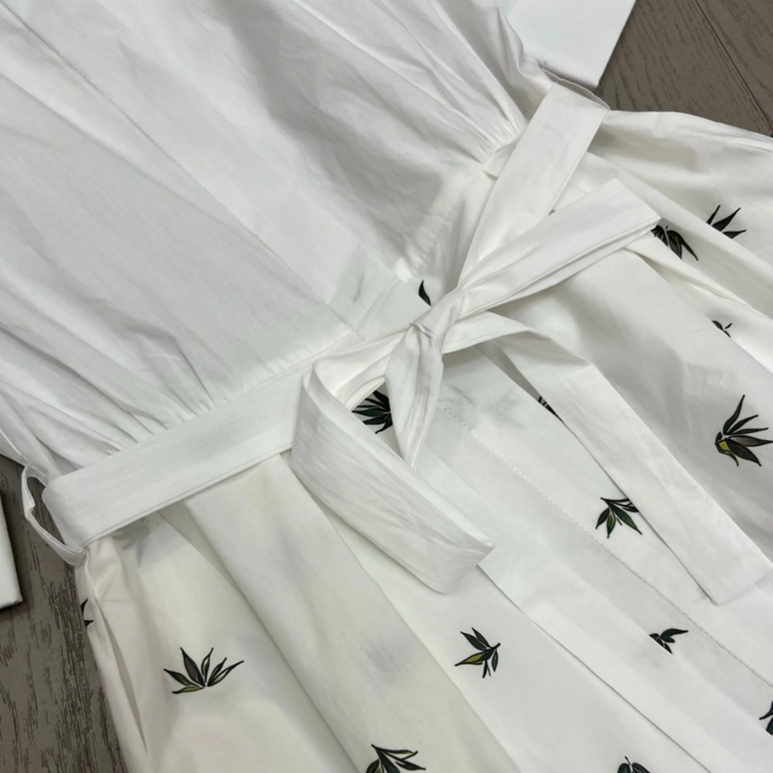 Summer Women Stand Collar Short Sleeve Printed Dress Tie Belt Waist A Line Midi Dress