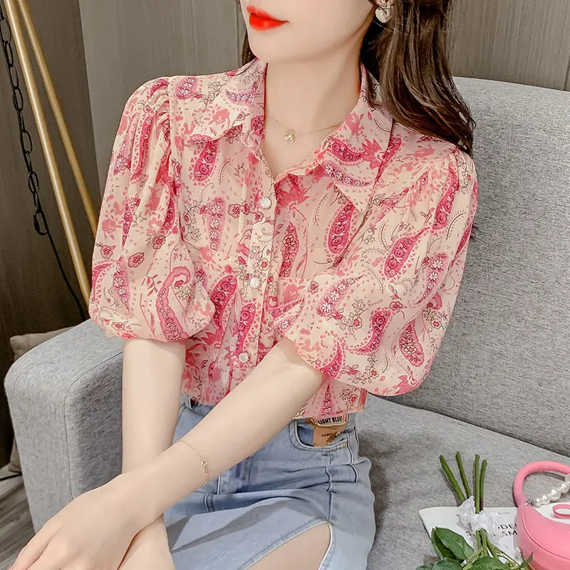 

2024 Summer Women's Casual Fashion Elegant Commuting Slim Fit Print Fragmented Flower Waist Design Sense French Chiffon Shirt