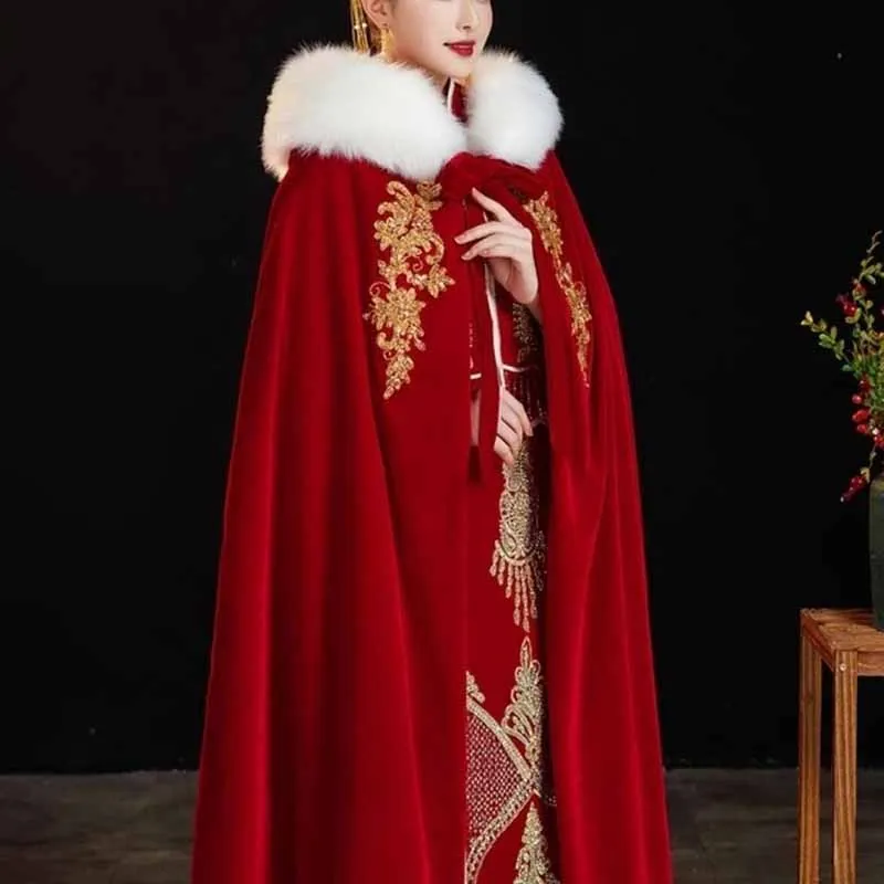 Women`Long Red Velvet Tweed Hooded Cape Poncho 2024 Winter Warm Cloak Christmas Embroidery Hanfu Cloak New Year Costume Cape