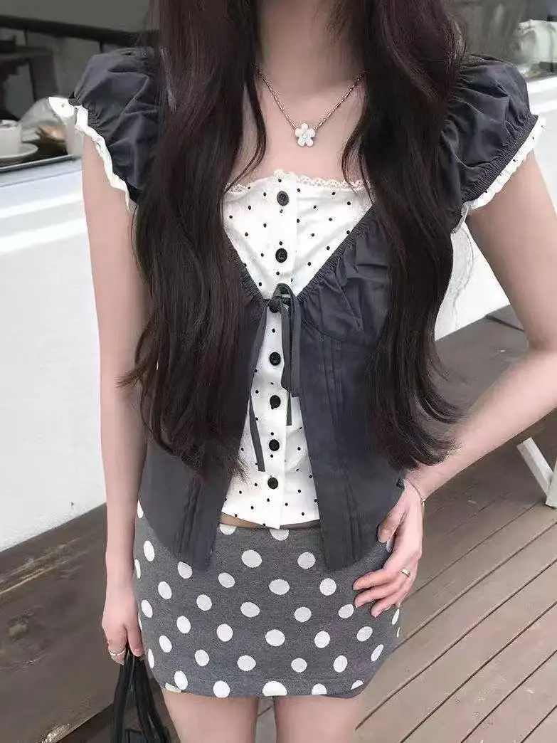 Y2k Kawaii Short Sleeve Tops For Women Elegant Slim Lace Bow Fake Two Piece Tees Korean Street Daily Casual Basic T Shirt Outfit - view 6