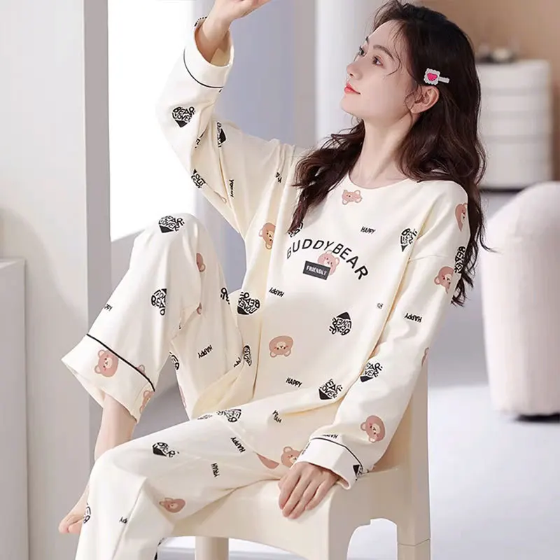 2025 nuovi indumenti da notte in puro cotone da donna primavera autunno manica lunga abbigliamento da esterno carino vestiti per la casa comodi e traspiranti