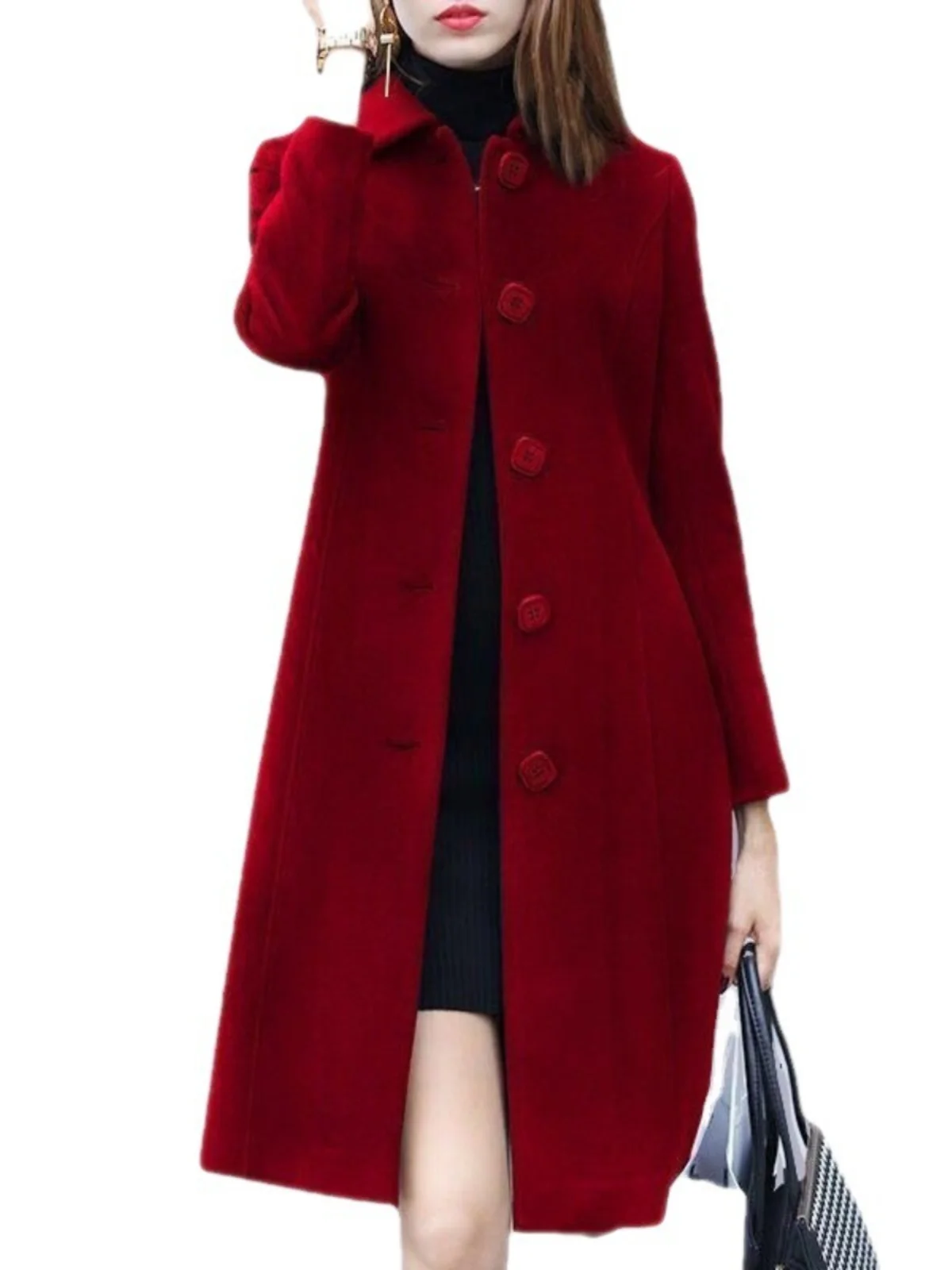 Damski płaszcz zimowy, trencz jesienny, płaszcz damski, dopasowany krój, styl brytyjski, długi rękaw, kołnierz, średniej długości, zapinany na jeden guzik.