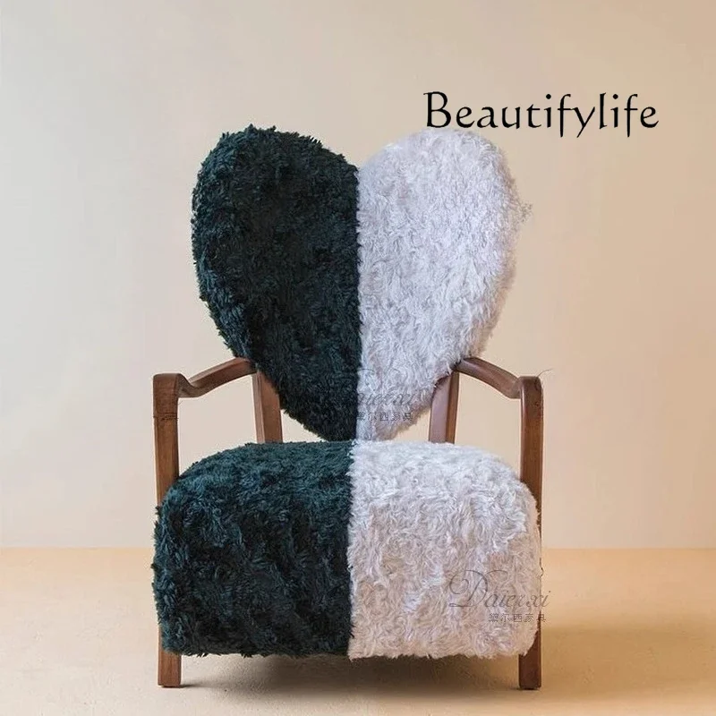 A44 Retro love color matching sofa chair cream wind lamb wool leisure chair medium antique log armchair