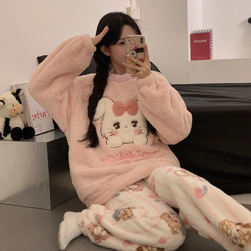 Kawaii Doraemon Autumn and Winter Warm Coral Velvet Pajamas Cute Cartoon Thickened Velvet Home Clothes Set Holiday Gifts