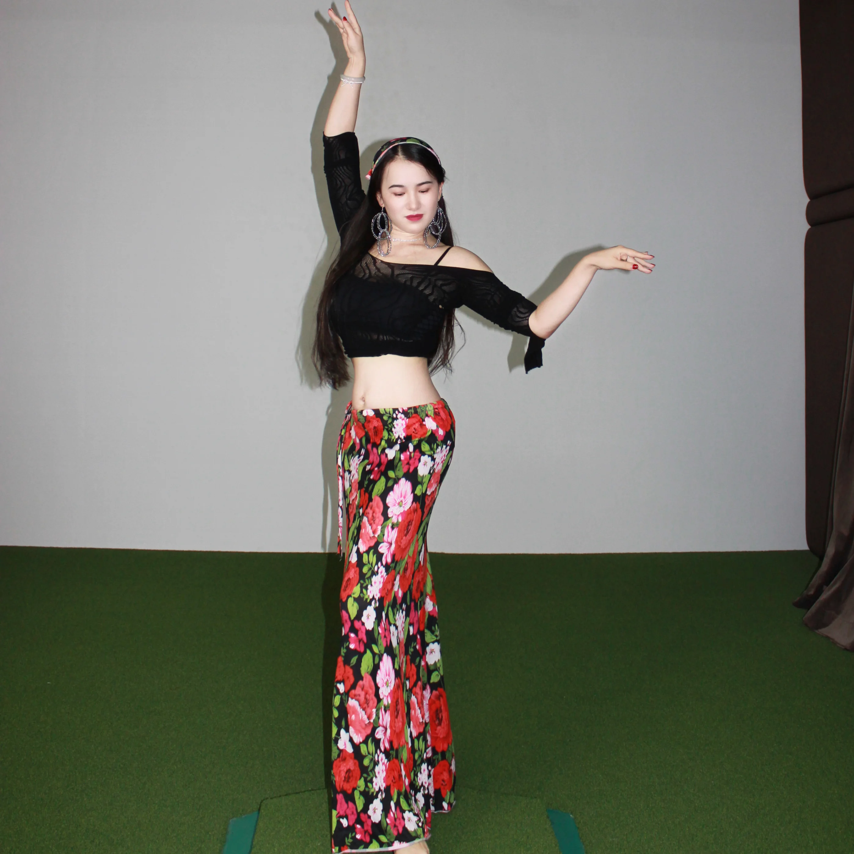 New bellydance performance suit sexy black mesh top+high-end printed long skirt set oriental dance professional training costume