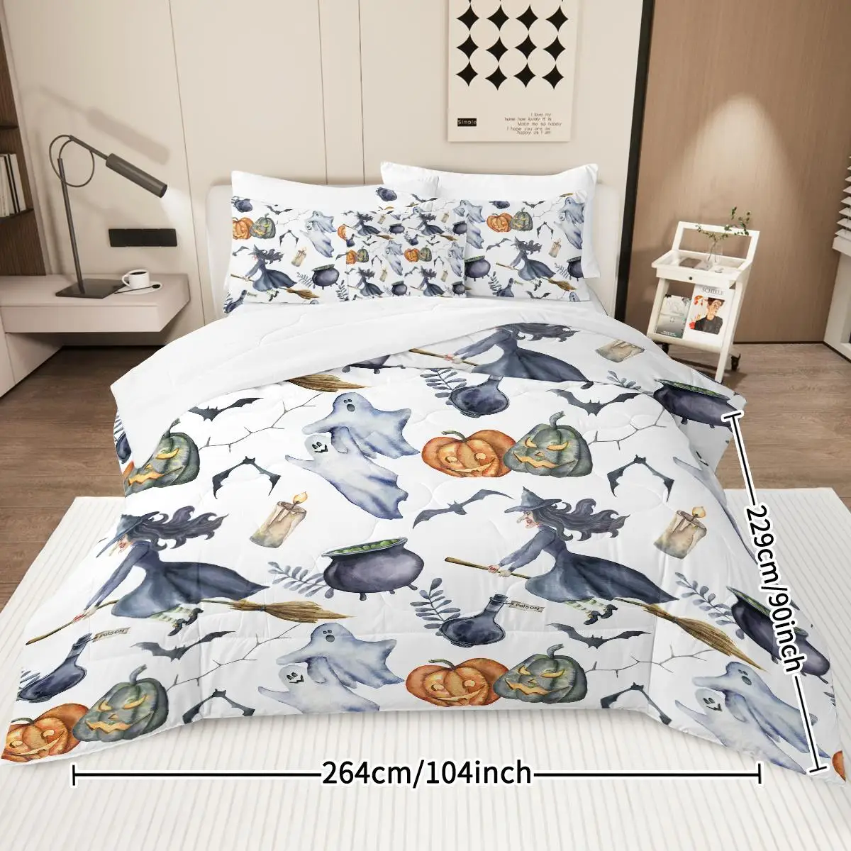 8PCS Halloween Comforter Set, Witch Pattern Bed in A Bag Bedding with Comforter Sheet Sham - 1 Comforter, 2 Pillow Shams, 1 Flat