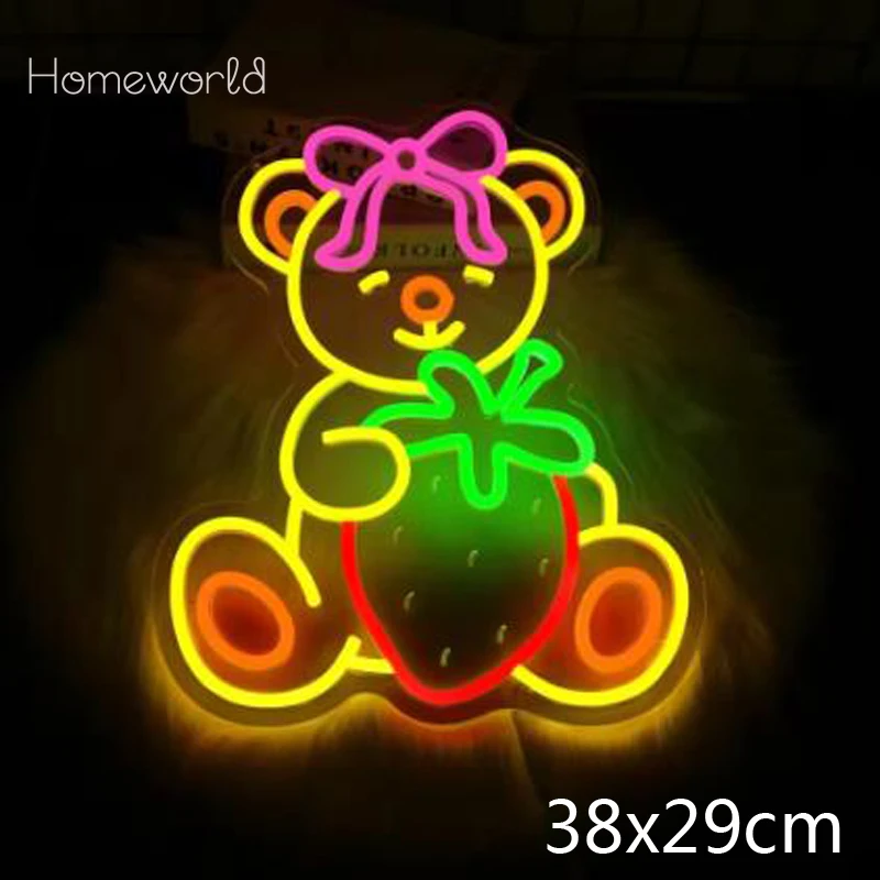

Strawberry Bear LED Neon light Sign USB Dimmable used for Living room Bedroom Kids Room Wall Decoration Birthday party Gifts