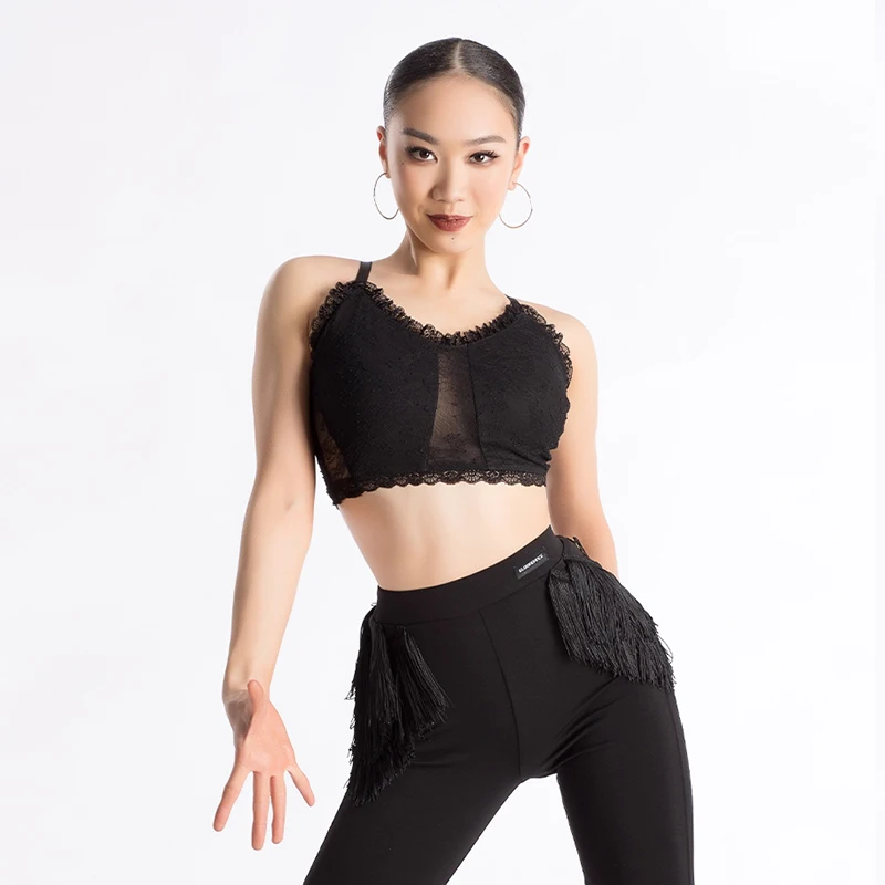 

Summer New Latin Dance Costume Female Adult Sling Mesh Tops Ballroom Dance Slim Fit Pants Latin Training Performance Suit XH334