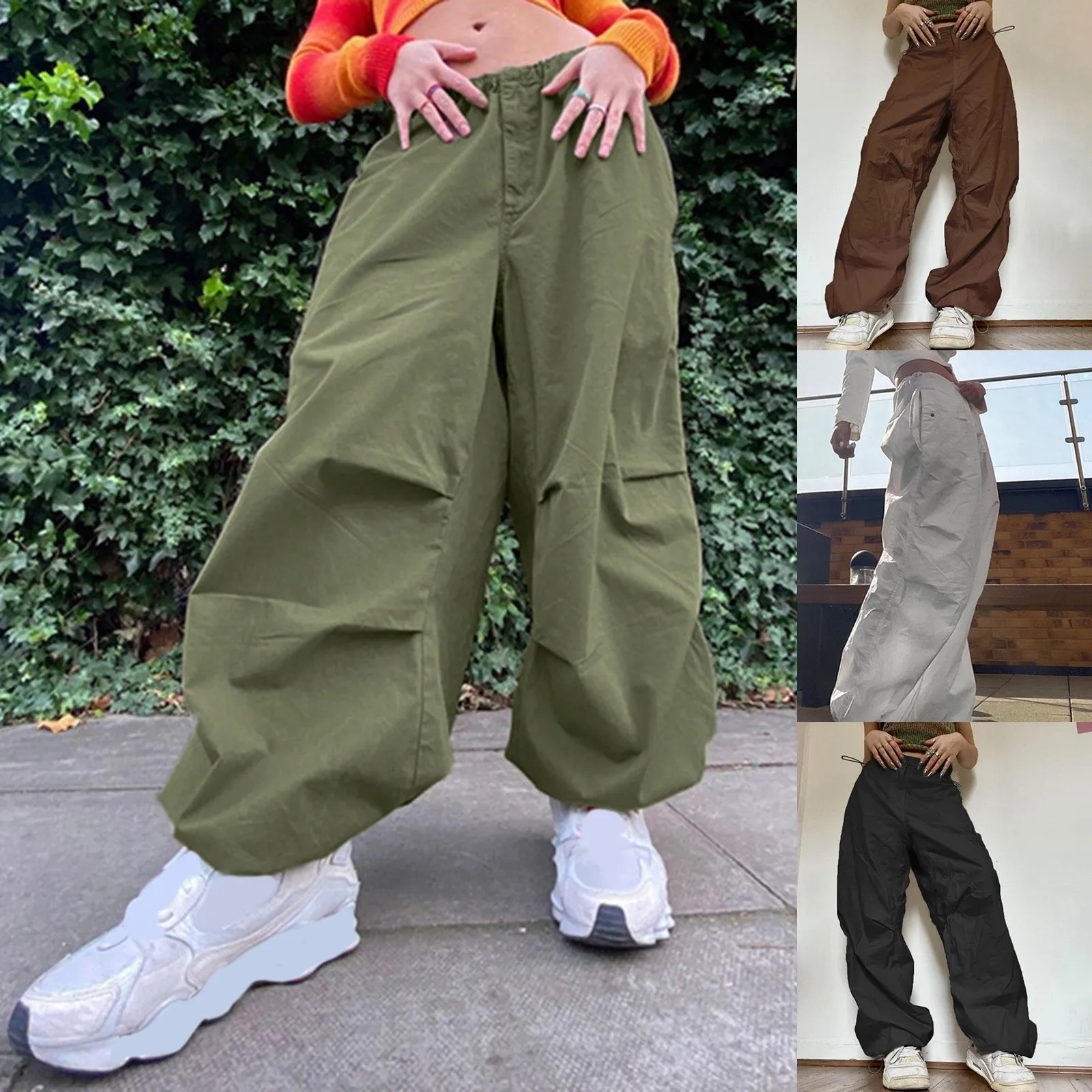 ผู้หญิงกางเกงคาร์โก้เอวสูงวินเทจสีเทาหลวม streetwear ถุงกางเกงยีนส์ย้อนยุคสปอร์ตกระเป๋าขากว้าง Y2K กางเกงยีนส์หลวม