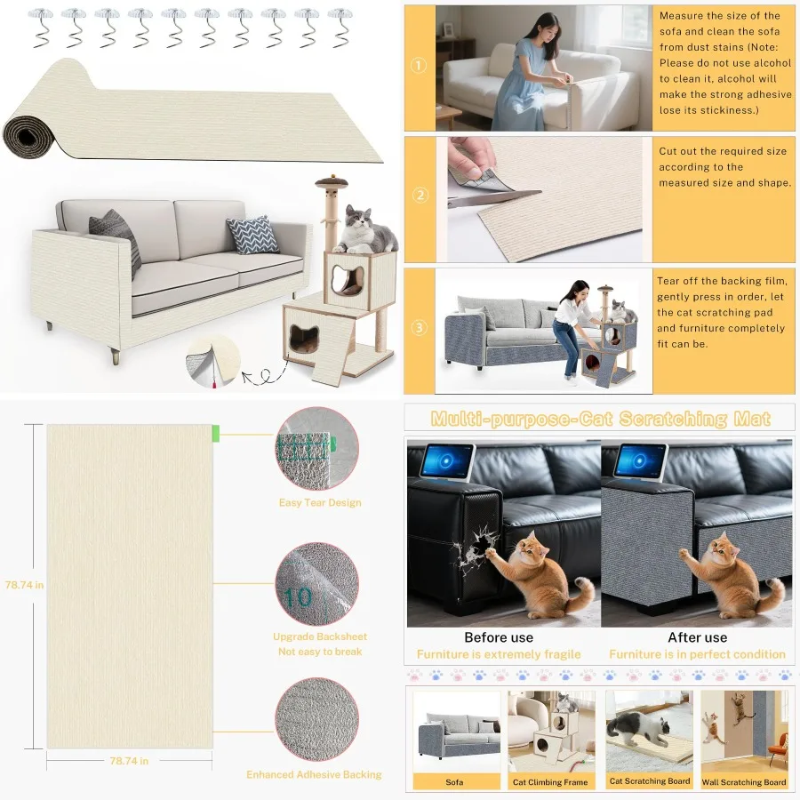 

78.7x15.8inch Adhesive Cat Scratch Pad Deterrent for Furniture DIY Climbing Cat Scratcher Couch Protector from Cat Claws Scratc
