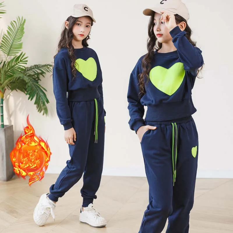 Children Girl Thicken Tracksuit Teenager Girl Peach Heart O-neck Pullovers Top+Sport Pants Child Jogger Workout Set 5-14Yrs