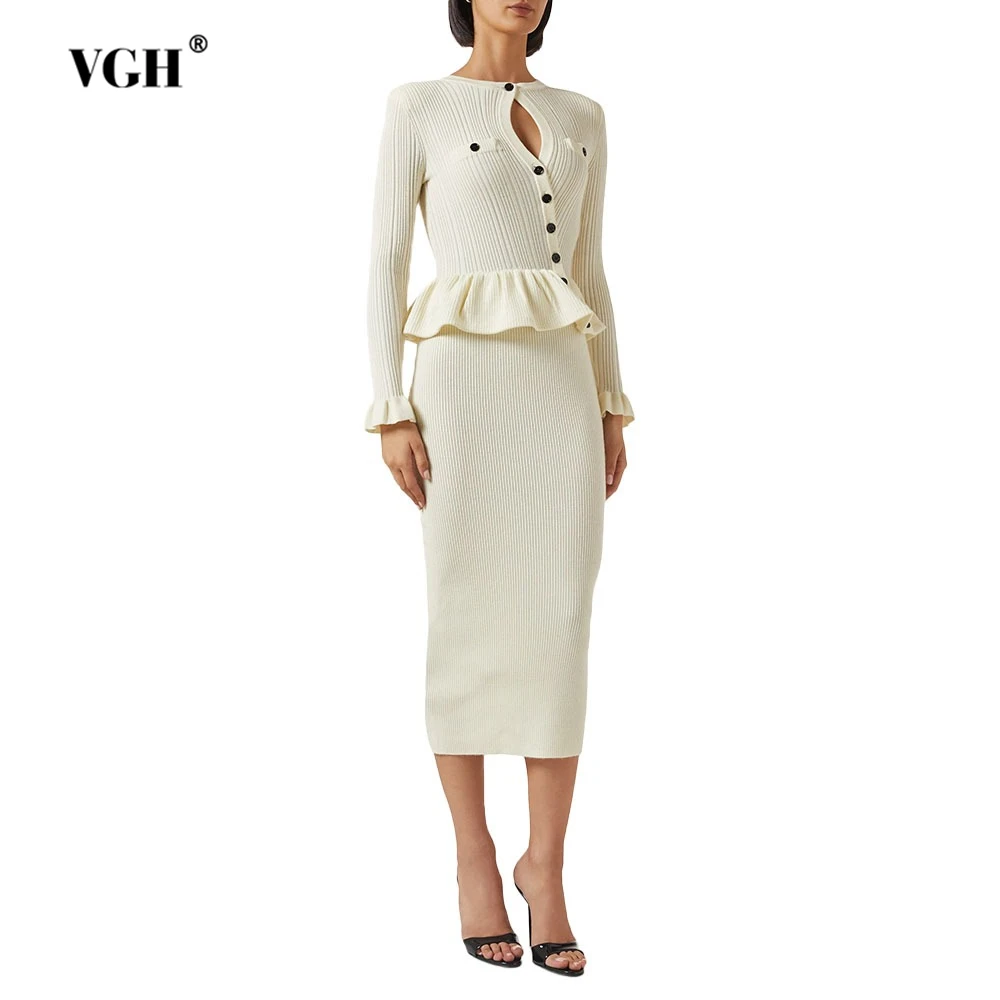 

VGH Solid Slimming Elegant Dresses For Women Round Neck Long Sleeve Spliced Button High Waist Chic Dress Female Fashion Style
