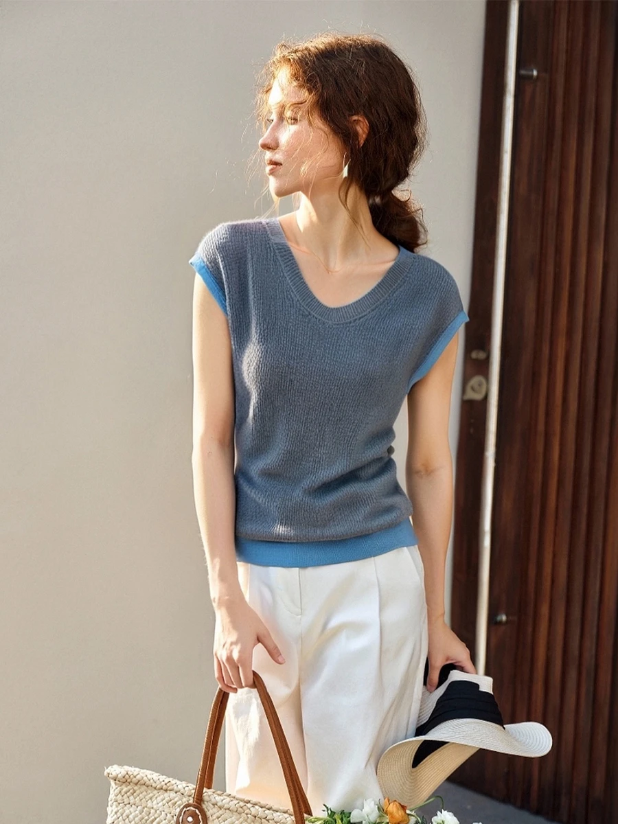 

OLrain Women's Summer Knitted Sweater Casual Knit Top 2025 V-neck Splicing Gray Cap Sleeveless Jumpers Ladies Clothes O57XZ98193