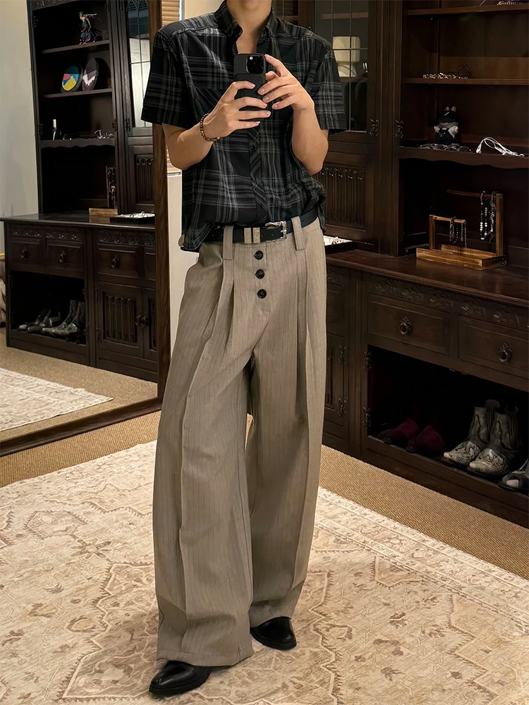 

Khaki Striped Men's Casual Pants Loose Fit Straight Leg Button Detail Drapey Wide Leg Long Trousers Faionable Youth Sle