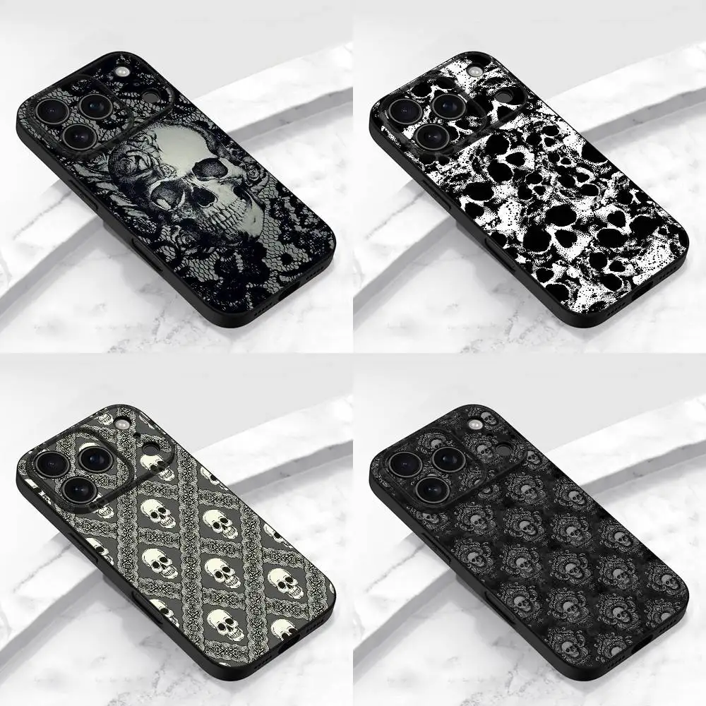 

Lace Skull Pattern Phone Case For iPhone 17,16,15,14,13,12,11,Pro,Max,Plus,E,Air,Mini Protective Black Cover