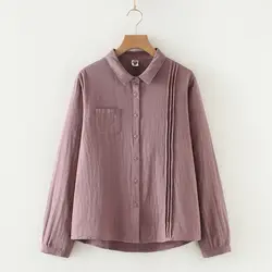 Spring Female Shirt Large Size Cotton and Linen Shirt Solid Color Long Sleeved Loose Lapel Collar Organ Pleats Bottoming Shirt