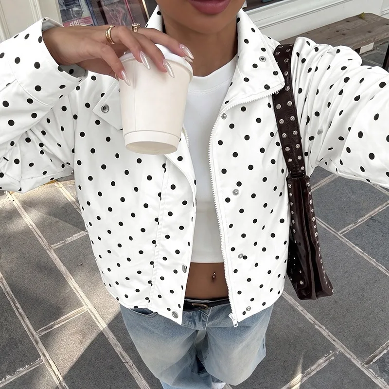 Women's Elegant Polka Dots Moto Jacket Retro Lapel Long Sleeve Zipper Rivet Decor Casual Cropped Biker Coat Streetwear Outerwear