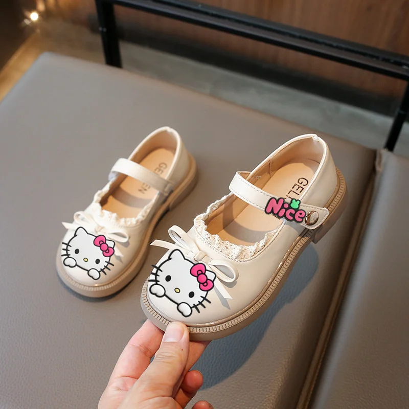 

Sanrio hello kitty, повседневная обувь принцессы для девочек, весна-осень 2026, новая модная кожаная обувь, детские сандалии с бантом на мягкой подошве