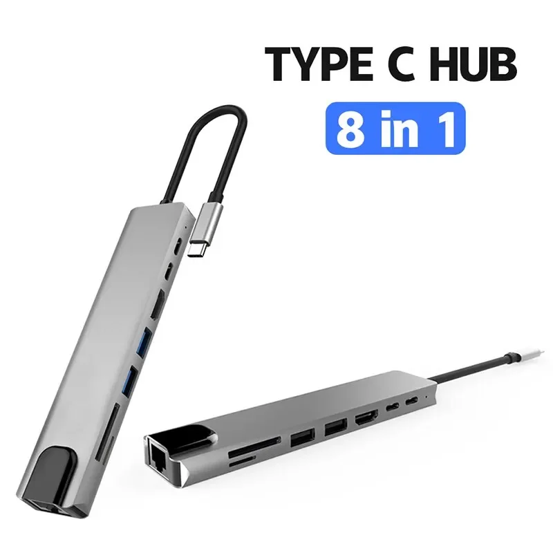 8 в 1 USB-концентратор типа C на 4K HDTV-адаптер с устройством чтения карт RJ45 SD/TF, быстрое зарядное устройство для ноутбуков MacBook, Windows, ноутбуков, компьютеров