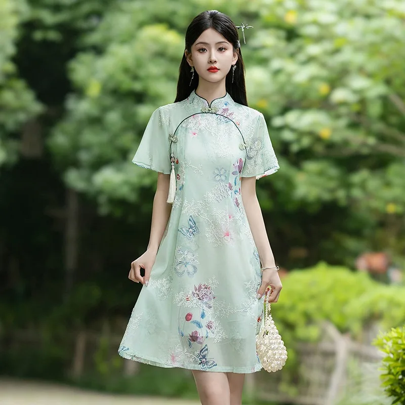 

Short Sleeve Embroidered Qipao Dress - Traditional Chinese Style Tops