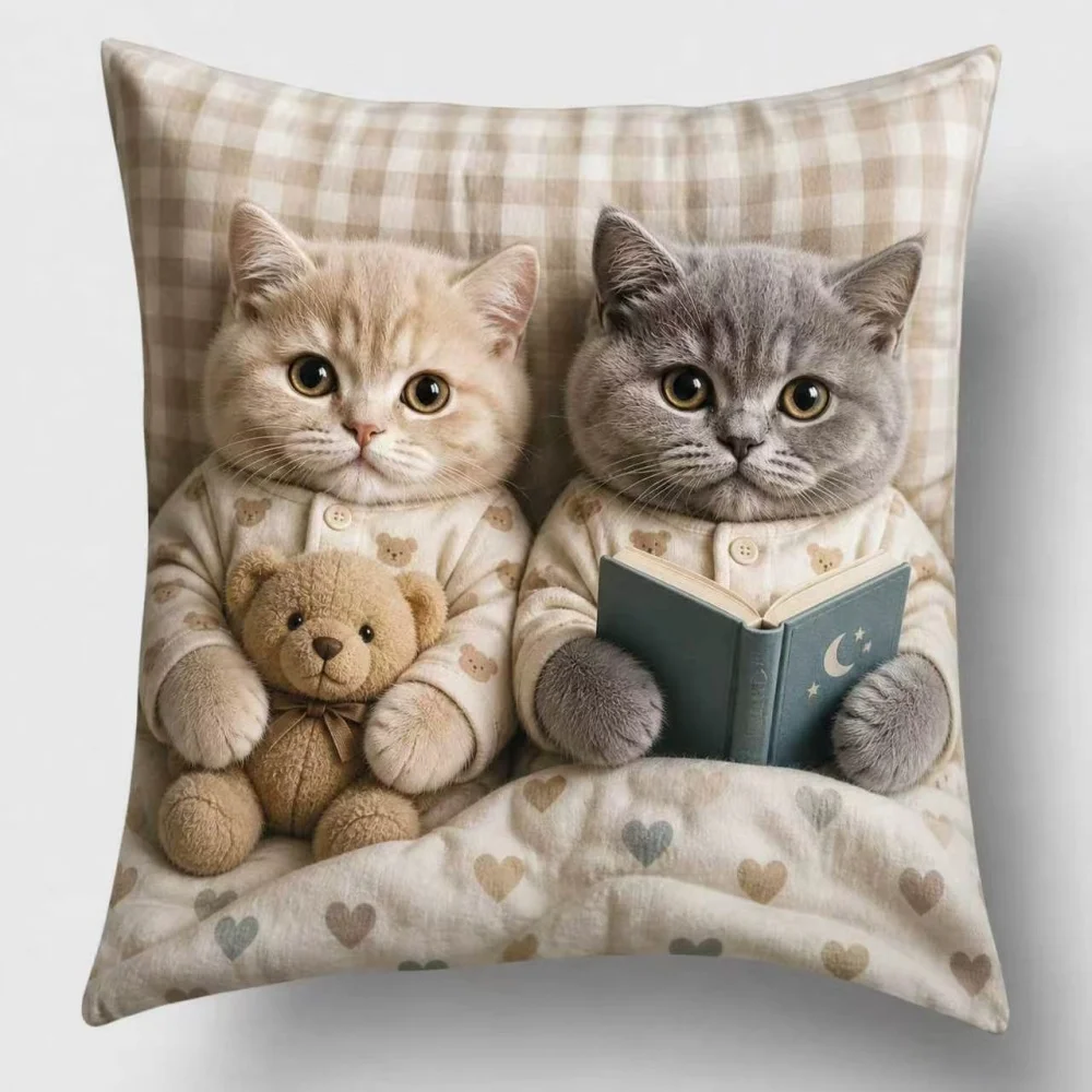 45* 45cm Polyester Fiber Pillowcase with Cute Two British Shorthair Cats, Pajamas, and a Bear Reading a Book, Square Cushion Cover, Home Sofa Decorative Pillowcase