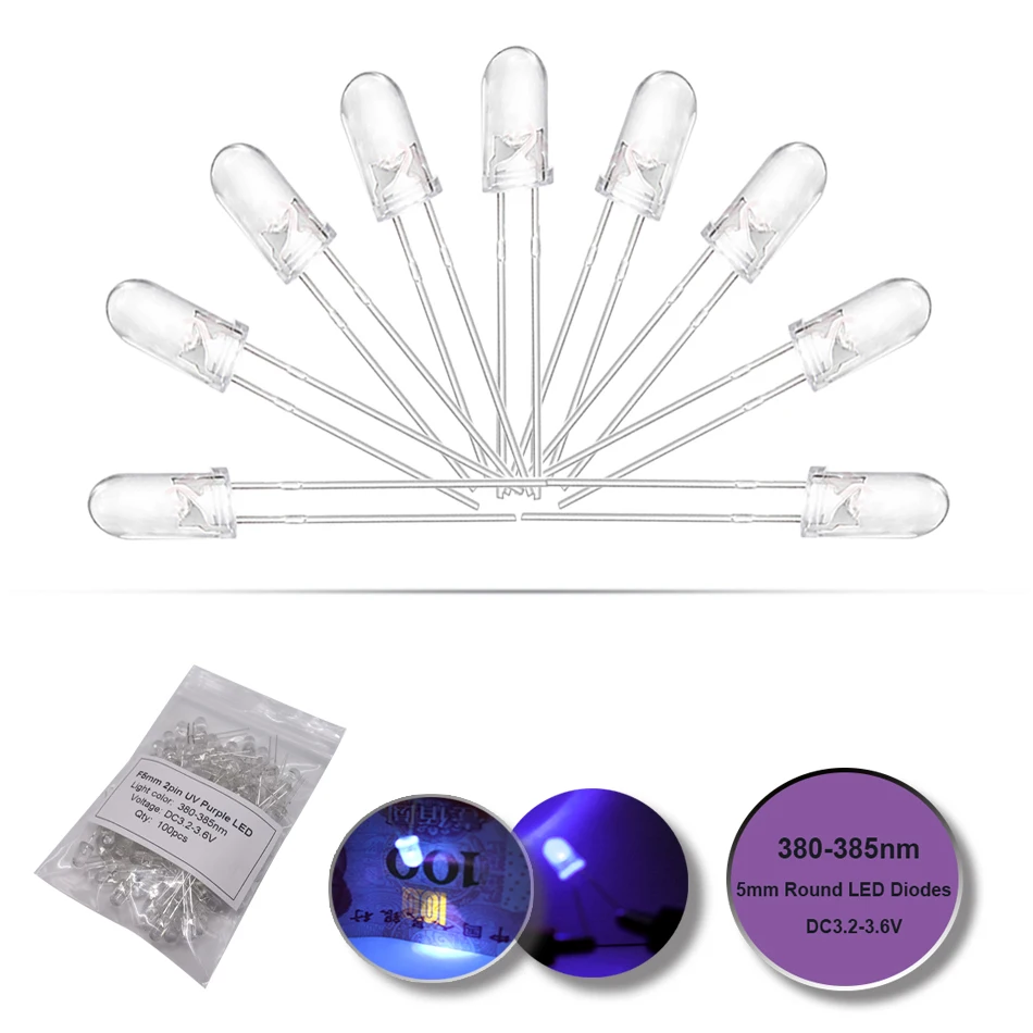 

DIP 5mm LED lamp Purple Ultra Violet Ultra 380nm 380-385nm UV LED Diode Light Emitting Lamp 3.2-3.6V 20mA Round Water Clear Lens