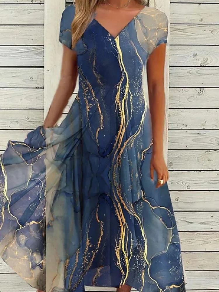 Abito lungo estivo da donna elegante vintage Abito estivo da spiaggia con scollo a V sexy Casual Boho Holiday Abiti stampati larghi Abiti femminili