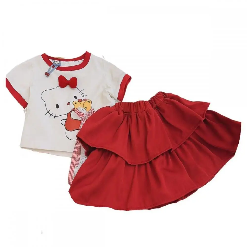 

Sanrio Hello Kitty Girls T-Shirt Sets Kawaii Summer Children Short Sleeve Skirt Pants Cartoon Tops Bottom Clothes Set