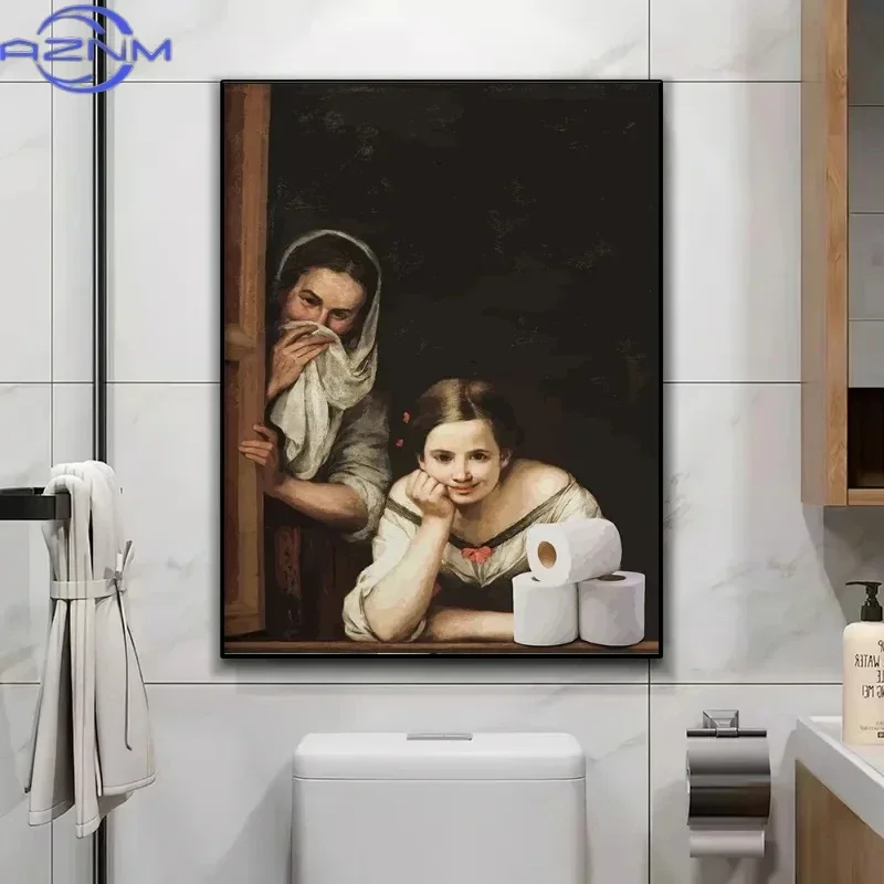 Funny Pinching Nose Mona Lisa Face Line Canvas Prints Pearl Girl Holding Paper Towel Wall Art Picture for Bathroom Toilet Decor