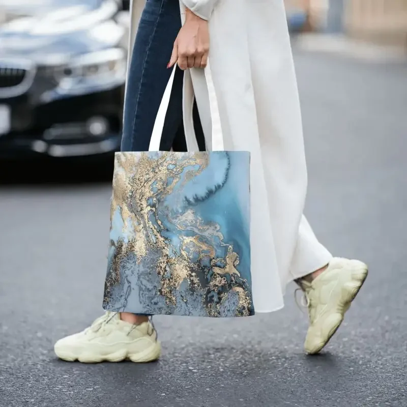 Funny Blue And Gold Marble Texture Shopping Tote Bag Recycling Geometric Abstract Pattern Canvas Grocery Shoulder Shopper Bag