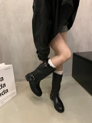 Stivali da donna autunno scarpe da donna calzature invernali punta tonda donna 2024 nero metà polpaccio gomma Med pelle equitazione roma Hoof Heel