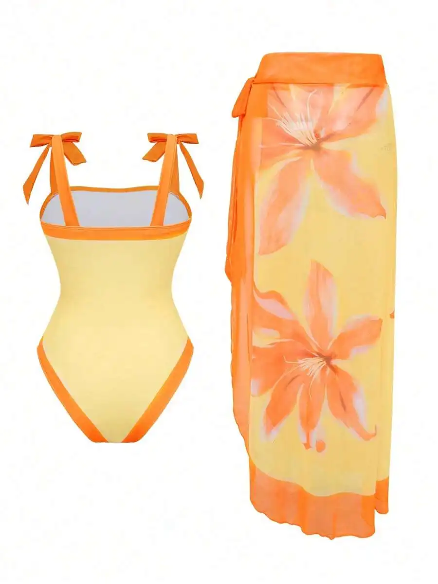 

Womens Yellow One Piece Swimsuit With Tie Straps And Orange Floral Chiffon Sarong Cover Up