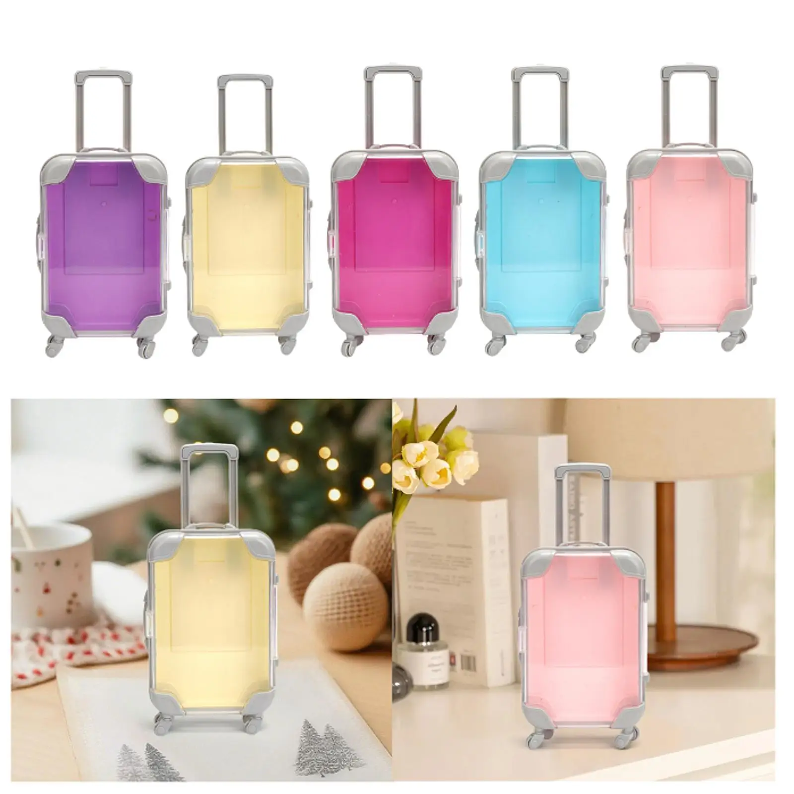 Mini Suitcase Transparent with Rotating Wheels and Handle Organizer Dollhouse Accessories for Children Toy Makeup Gifts Playset