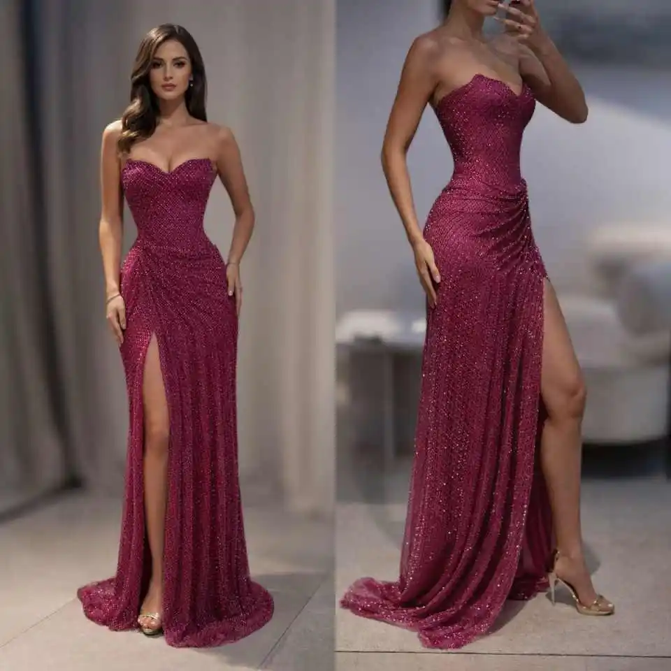 Charming Sequin Mermaid Evening Dress Strapless Sweetheart Ruched & Slit Design Formal Gown for Wedding & Gala Events Customized