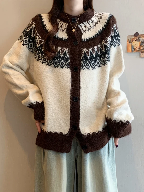 

Женский вязаный кардиган больших размеров в винтажном стиле с узором Fair Isle, свободного кроя, утепленный, на пуговицах, для женщин больших размеров