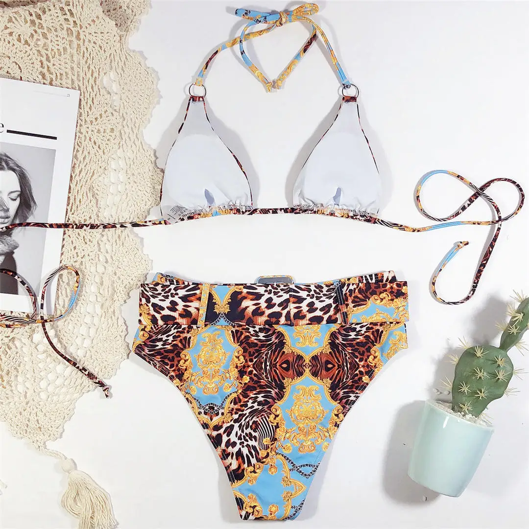 Umwickelnder Leoparden-Badeanzug für Damen, High-Waist-Bikini, zweiteiliger Bikini-Set, Neckholder-Badeanzug, Badebekleidung, Badeanzug V1926 – Detail 10
