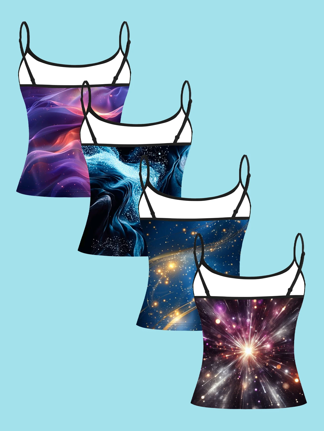 4-Piece Set of Dreamy Fluid Nebula Starry Sky Print Camisole Tops for Women, Stylish Spaghetti Strap Slim-Fit Inner Wear Tops