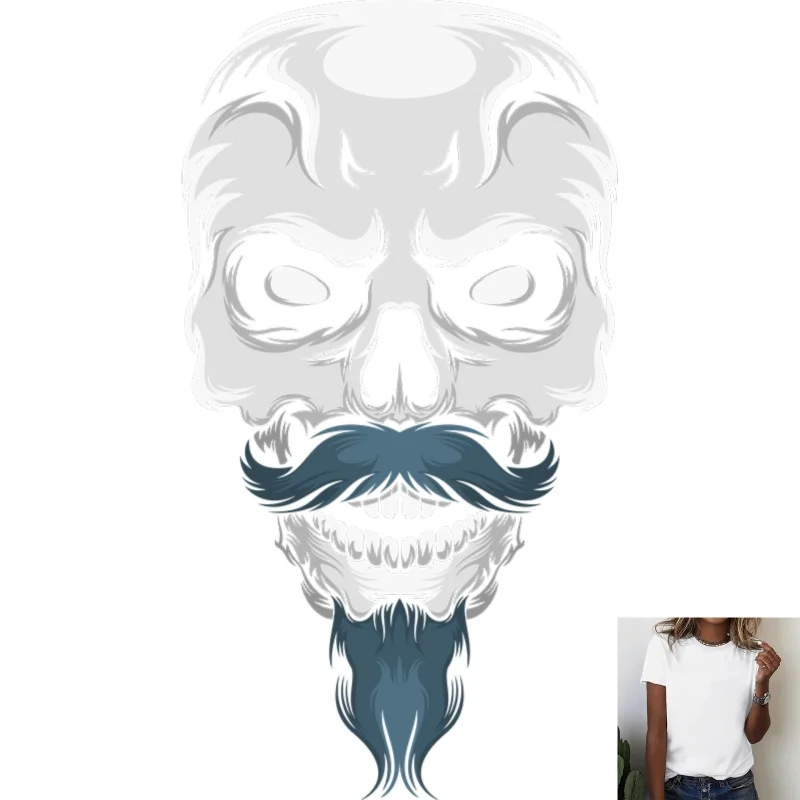 Personalized Skull with Mustache & Beard Heat Transfer White Ink Iron - on Patch, Trendy Cool Style for T - shirts/Canvas Bags,